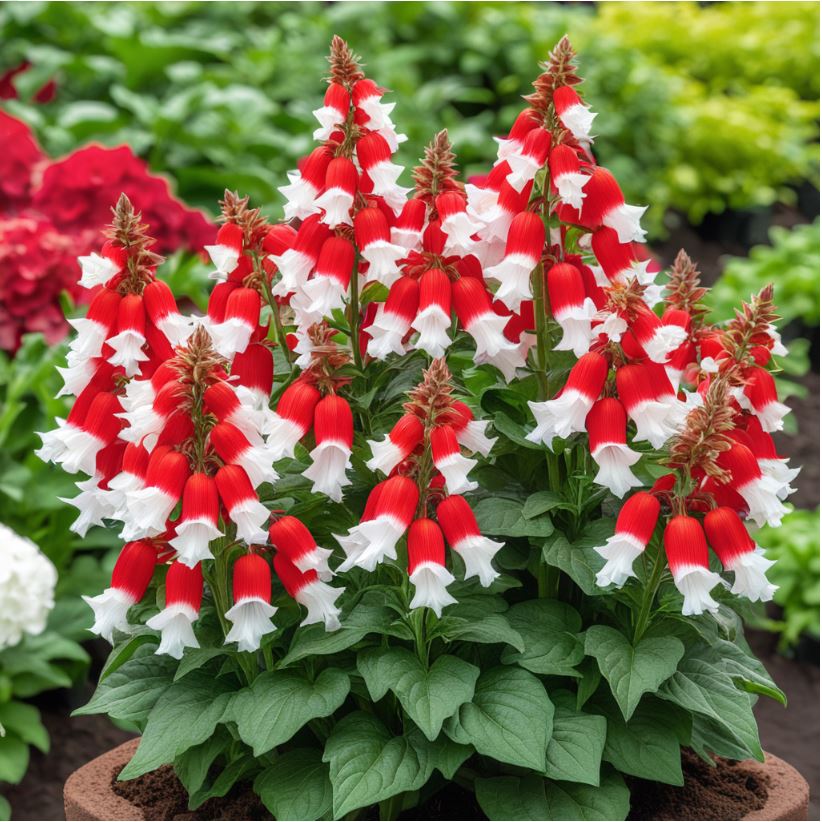 Red and white bell-shaped flowers in a lush garden