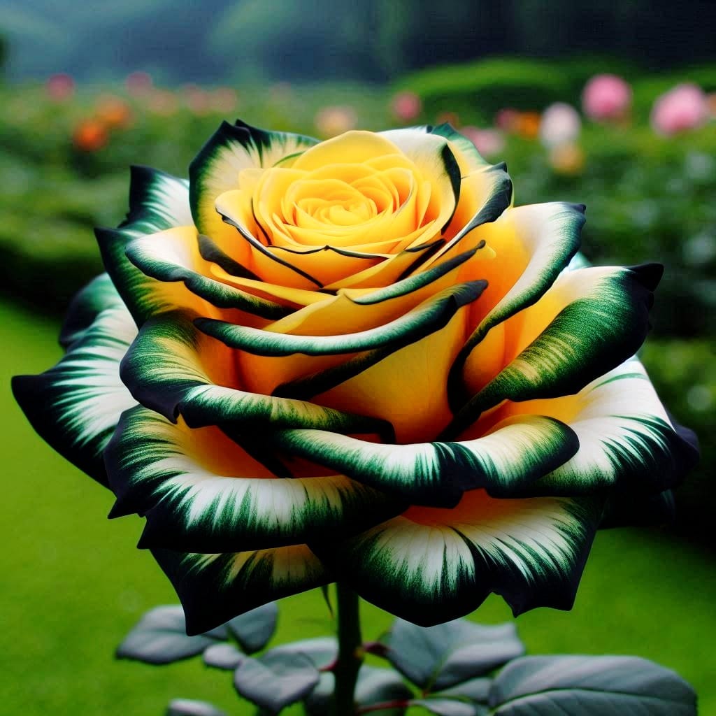 Yellow Rose with Dark Green and White Edged Petals in a Garden