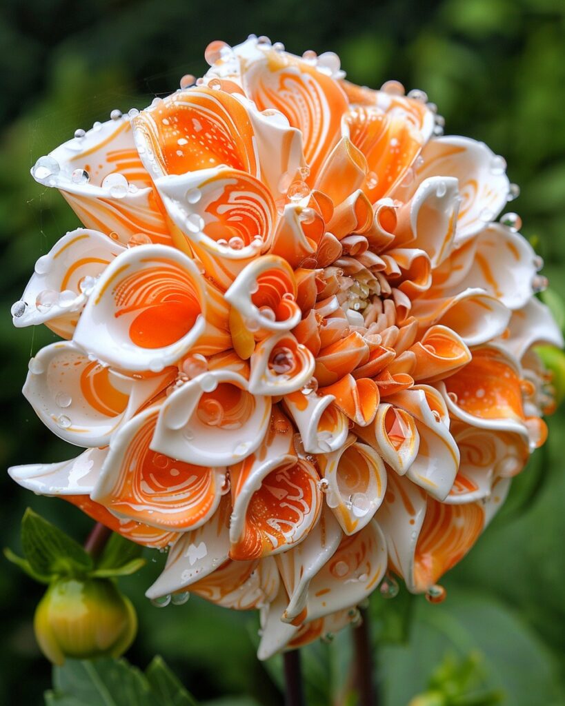 Orange and white Dahlia flower with swirling petal patterns and dew drops