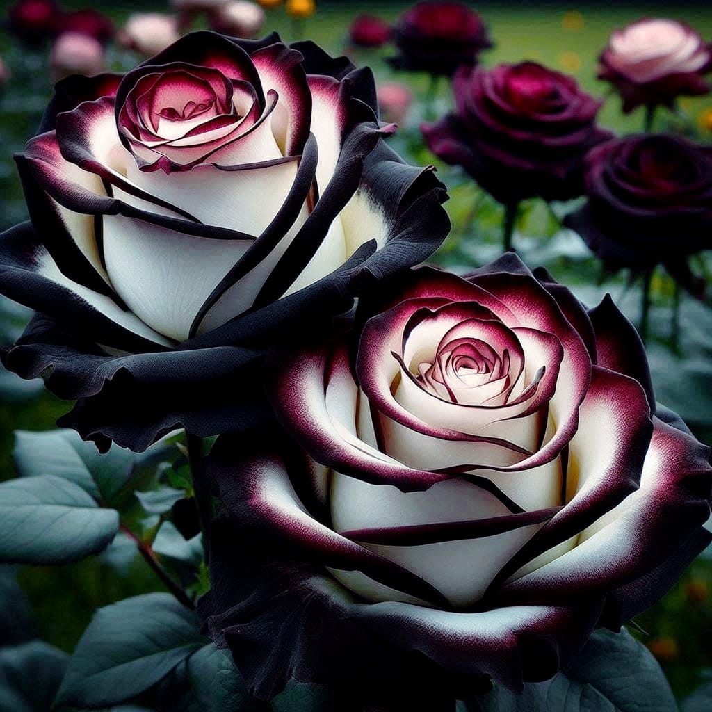 Black and White Roses with Burgundy Edges Blooming in a Garden