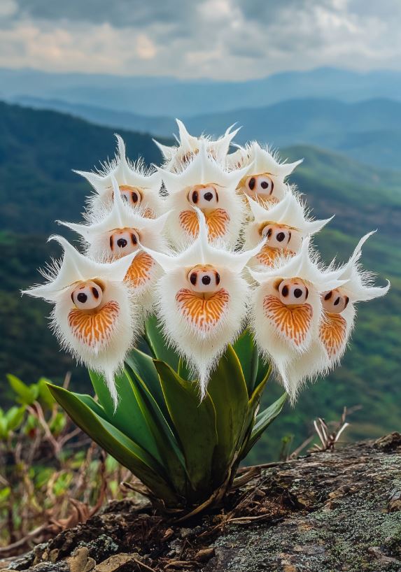 Unique fluffy flowers resembling small creatures with mountain backdrop