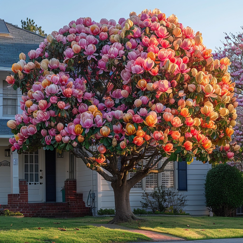 Large flowering tree with pink, orange, and yellow blooms in front of a house