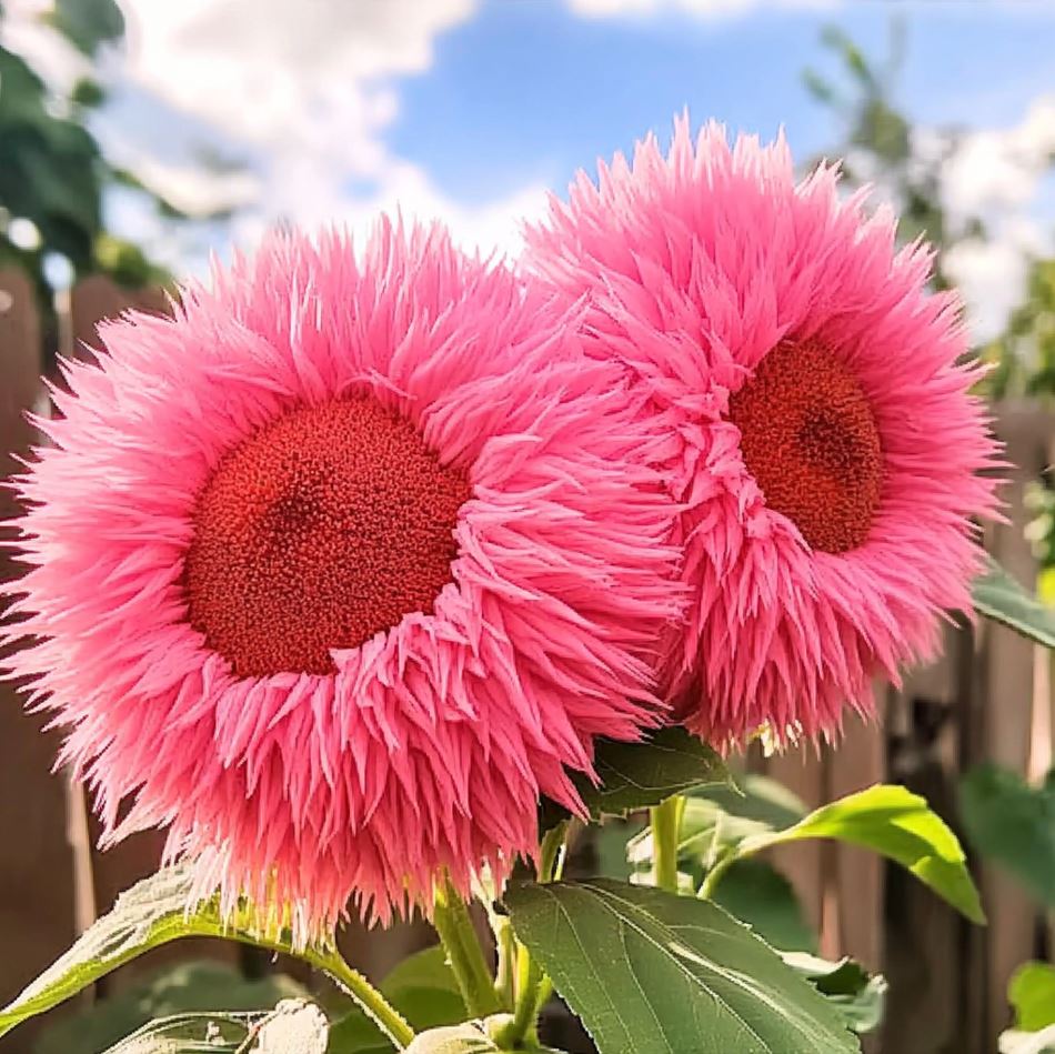 Close-up of two vibrant pink Giant Teddy Bear Sunflowers with fluffy, soft petals in a sunny garden setting