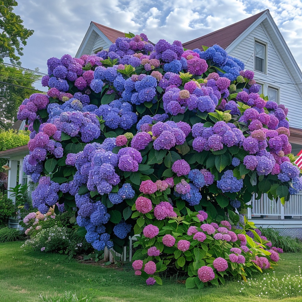 Lush purple and pink Hydrangea bush beside a white house