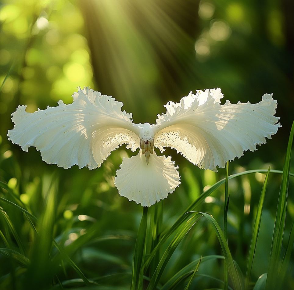 White flower with wing-like petals illuminated by soft sunlight