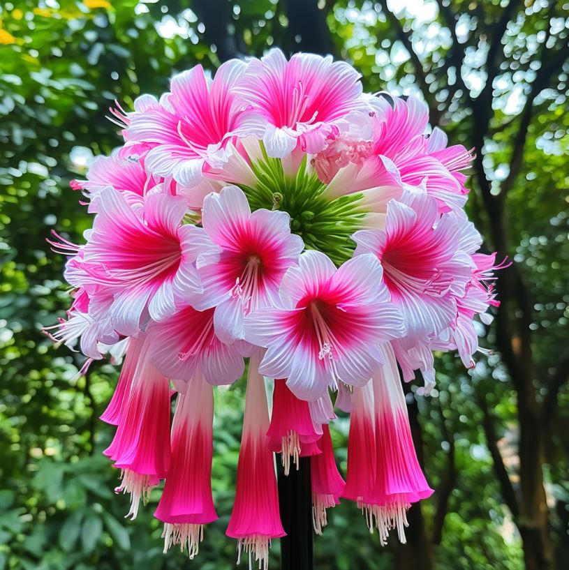 Hanging Lobelia flower with cascading pink, blue, and white blooms