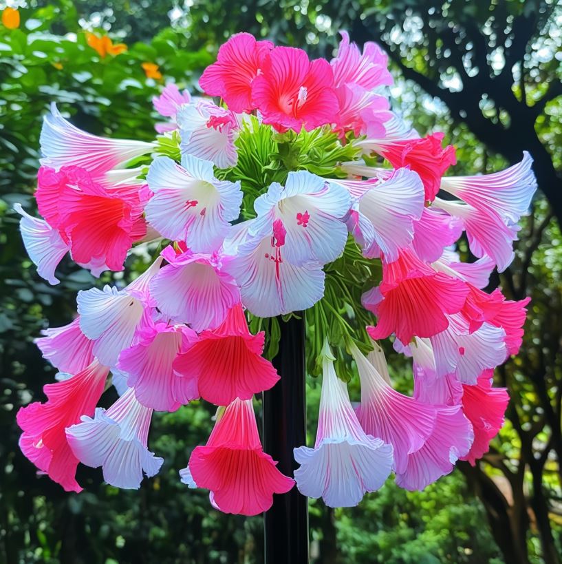 Hanging Lobelia flower with cascading pink, blue, and white blooms