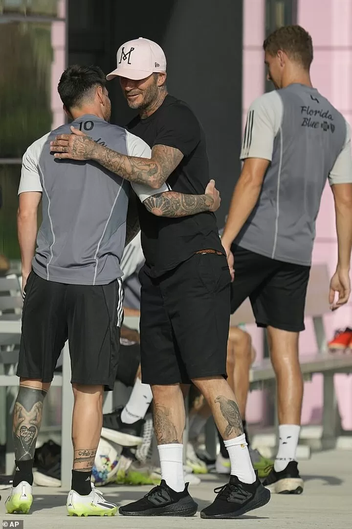 David Beckham keeps a close eye on Lionel Messi in Inter Miami training - as the pair share a hug ahead of his second game tomorrow night| All Football