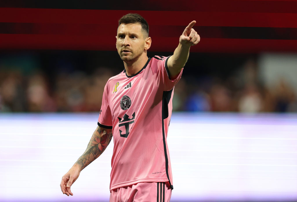 Lionel Messi #10 of Inter Miami yells to his team against Atlanta United during the second half at Mercedes-Benz Stadium on September 18, 2024 in A...