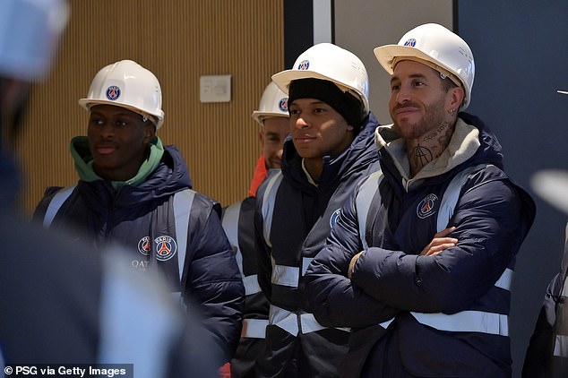 Nuno Mendes, Mbappe and Sergio Ramos look on as they visit the facility under construction